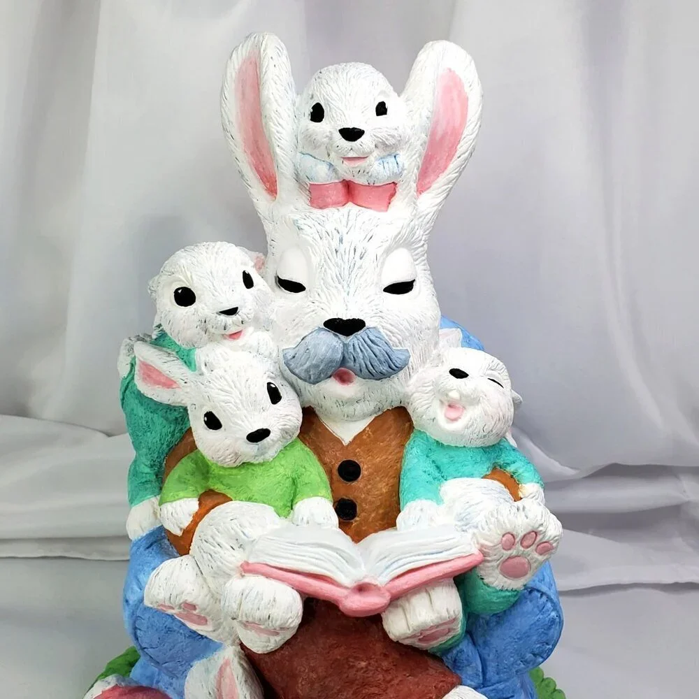 VTG 1994 Easter Bunny Rabbits Grandpa & Kids Large Ceramic Decoration 10